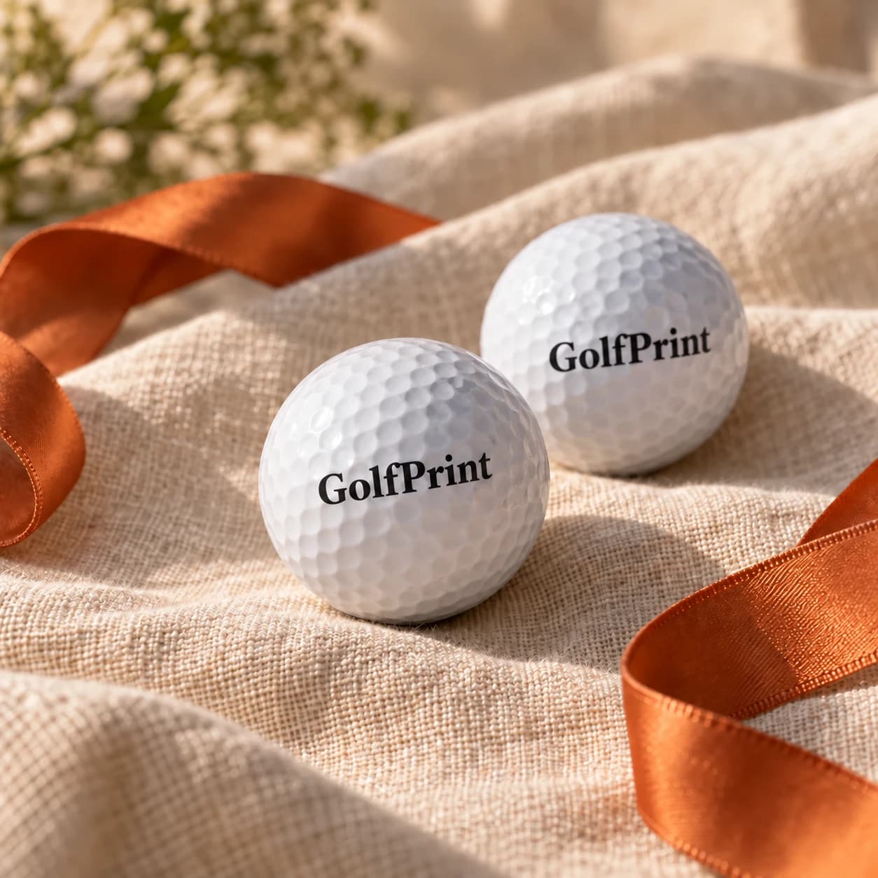 自然光下的 GolfPrint 文字球與橘色緞帶
