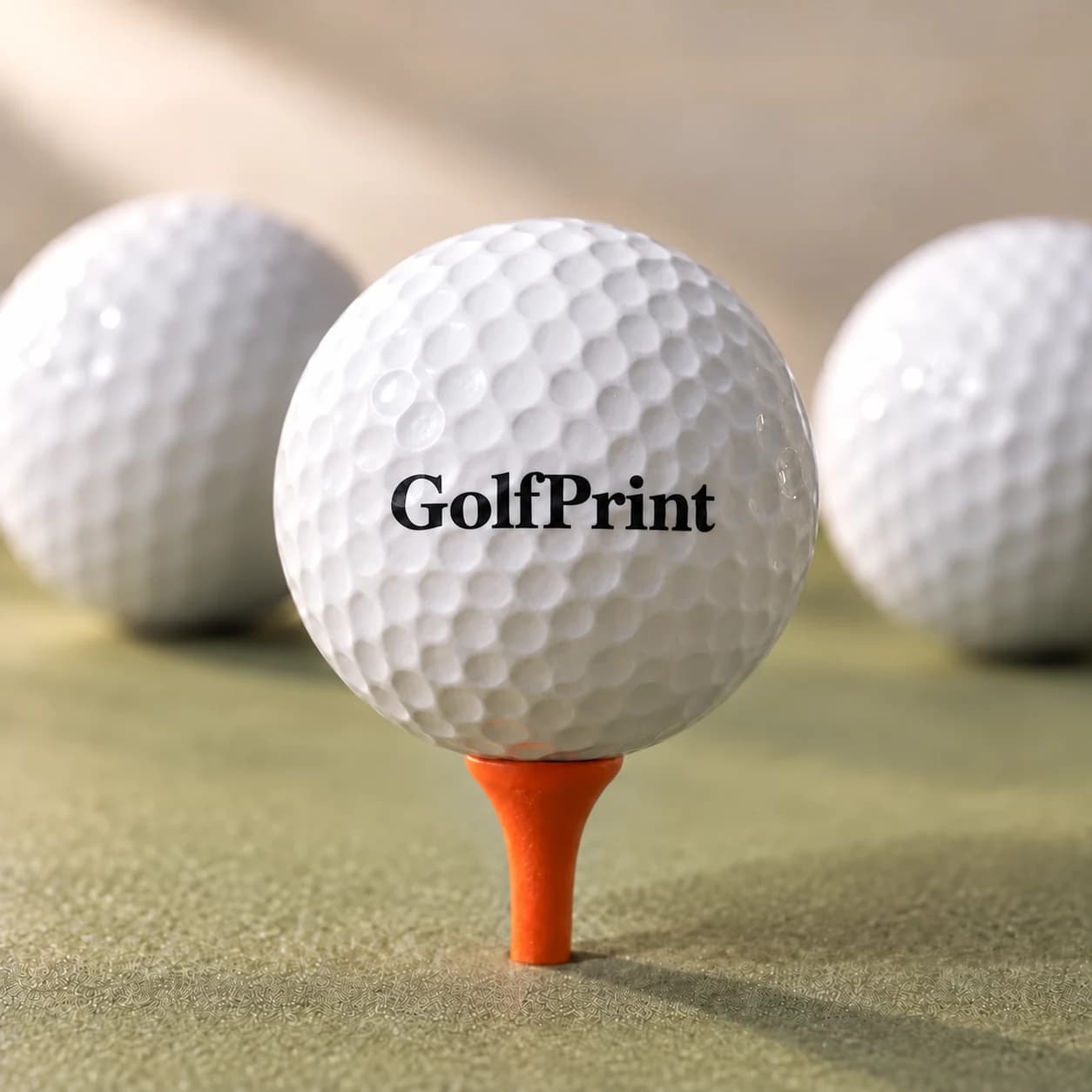 架在橘色球 Tee 上的 GolfPrint 文字球