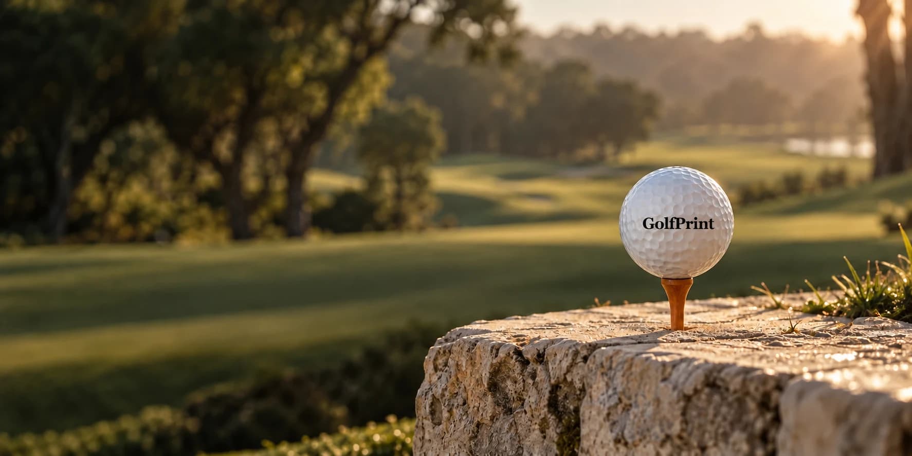 球場邊石台上架在球 Tee 的 GolfPrint 文字球